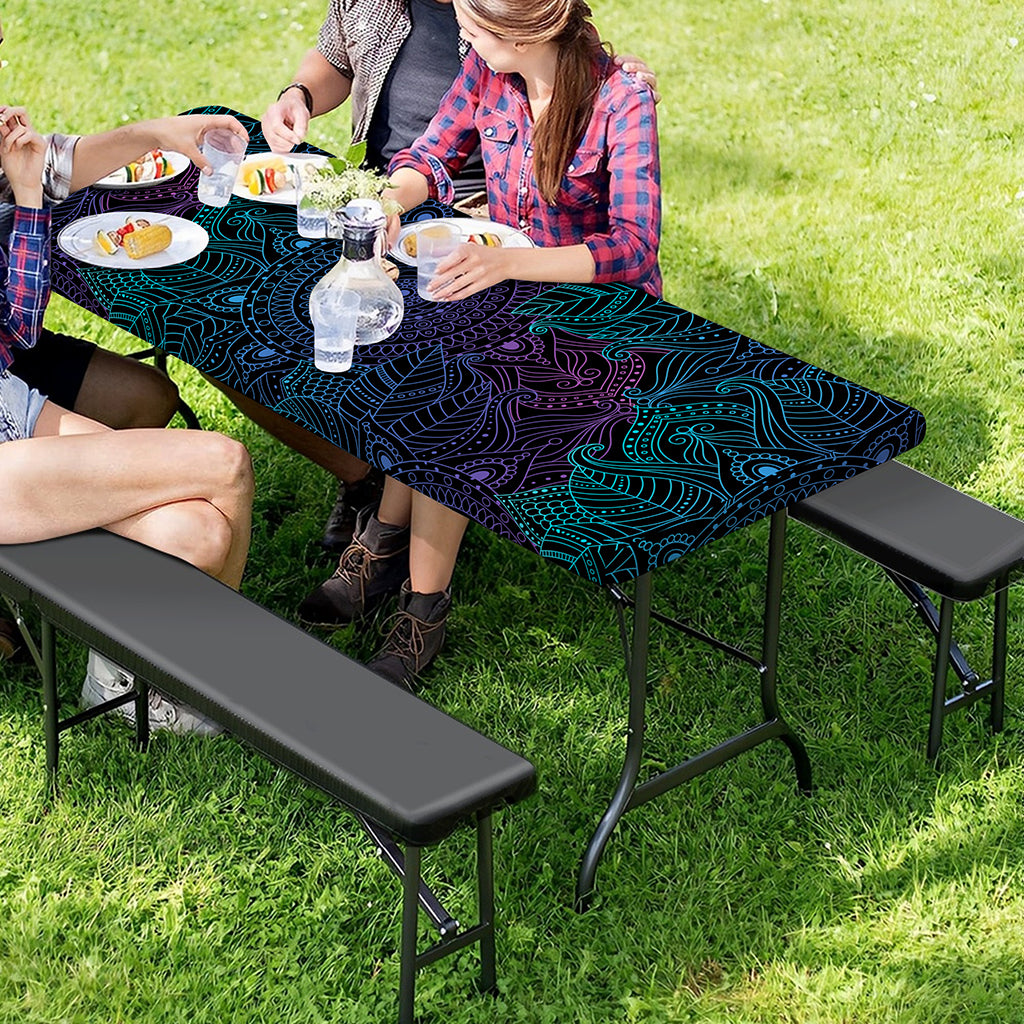 Purple And Teal Mandala Print Picnic Table Cover