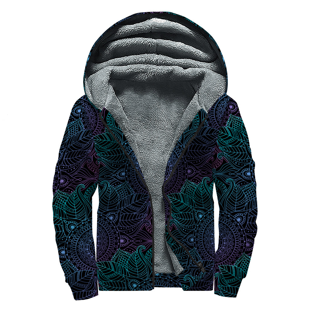 Purple And Teal Mandala Print Sherpa Lined Zip Up Hoodie