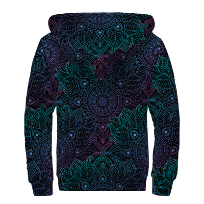 Purple And Teal Mandala Print Sherpa Lined Zip Up Hoodie