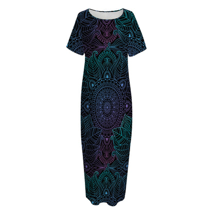 Purple And Teal Mandala Print Short Sleeve Long Nightdress