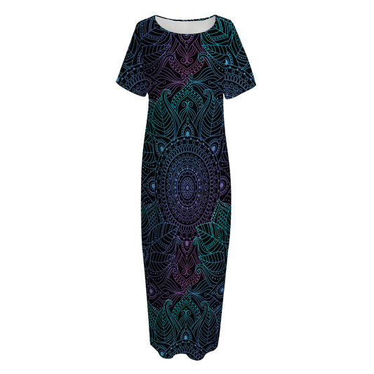 Purple And Teal Mandala Print Short Sleeve Long Nightdress