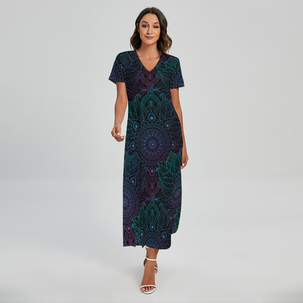 Purple And Teal Mandala Print Short Sleeve Maxi Dress