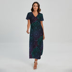 Purple And Teal Mandala Print Short Sleeve Maxi Dress