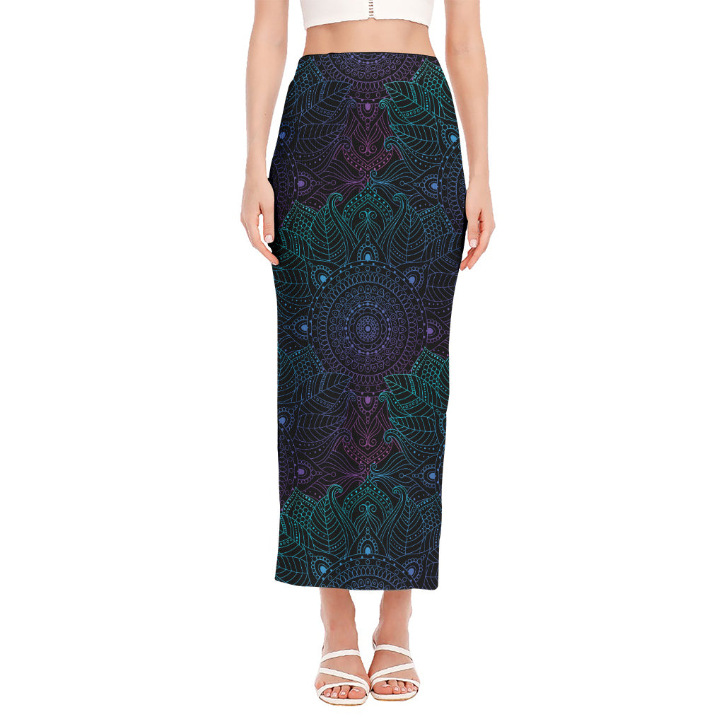 Purple And Teal Mandala Print Side Slit Maxi Skirt