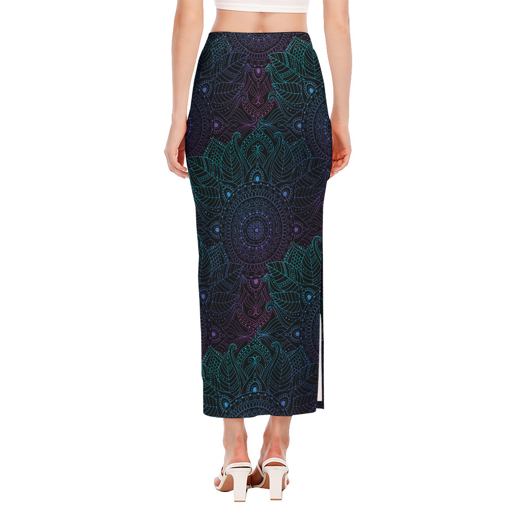 Purple And Teal Mandala Print Side Slit Maxi Skirt