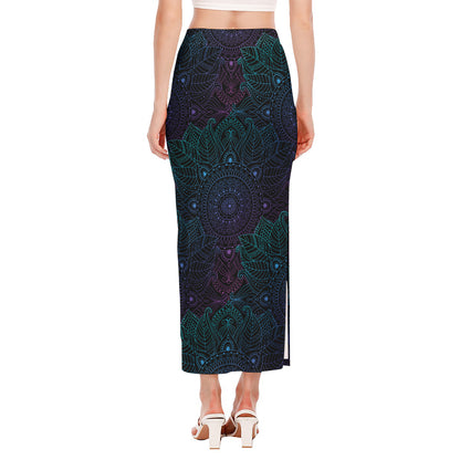 Purple And Teal Mandala Print Side Slit Maxi Skirt