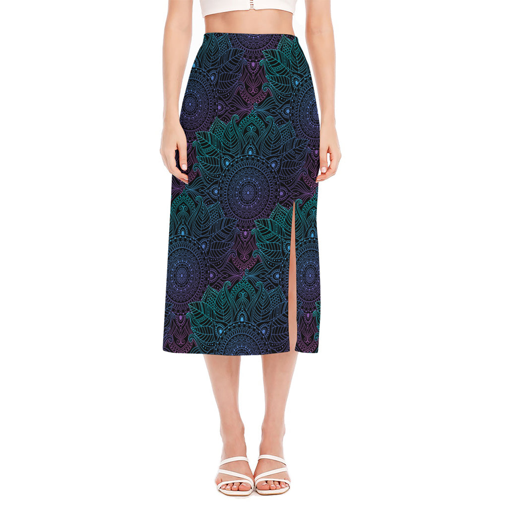 Purple And Teal Mandala Print Side Slit Midi Skirt
