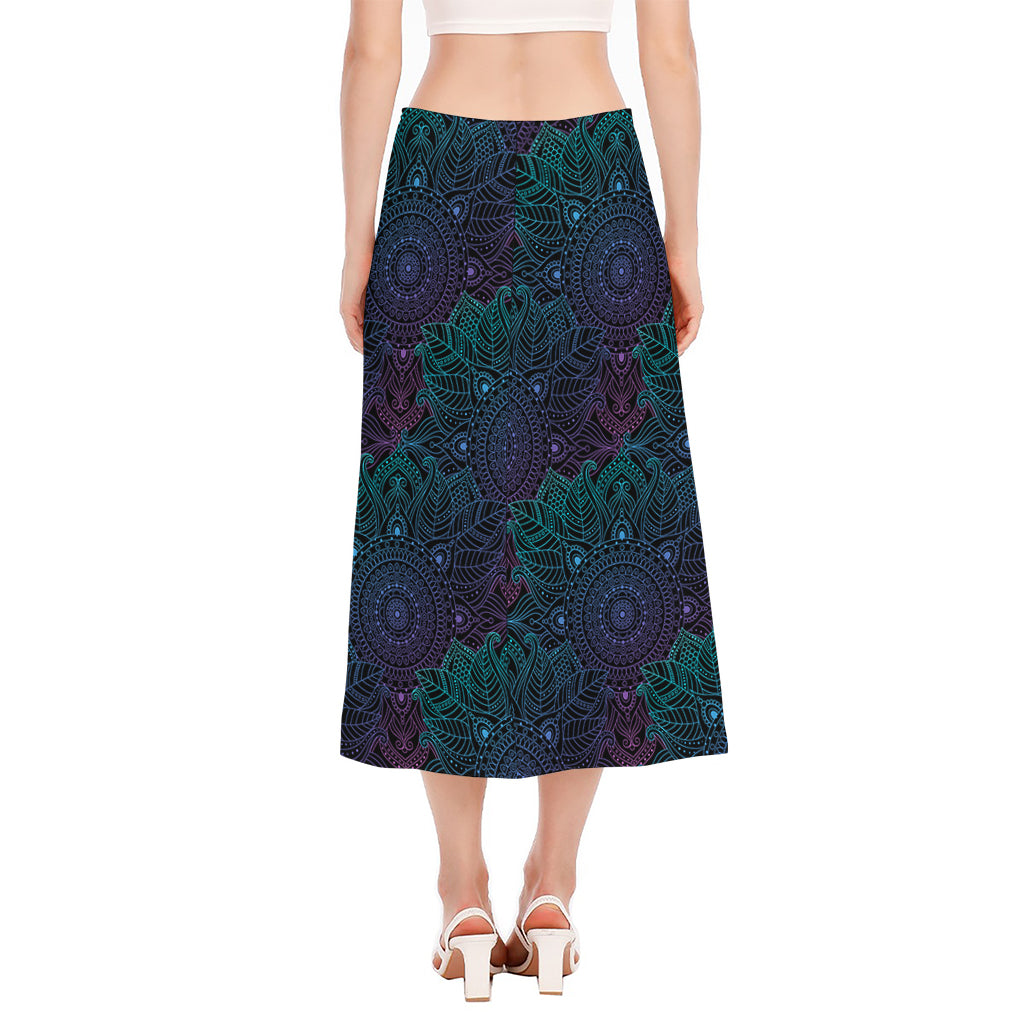Purple And Teal Mandala Print Side Slit Midi Skirt