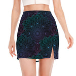 Purple And Teal Mandala Print Side Slit Mini Skirt