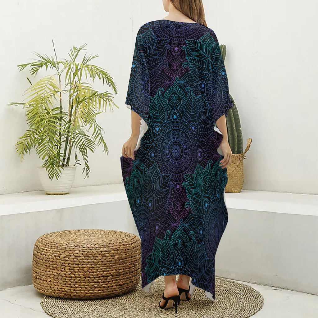 Purple And Teal Mandala Print Silk V-Neck Kaftan Dress