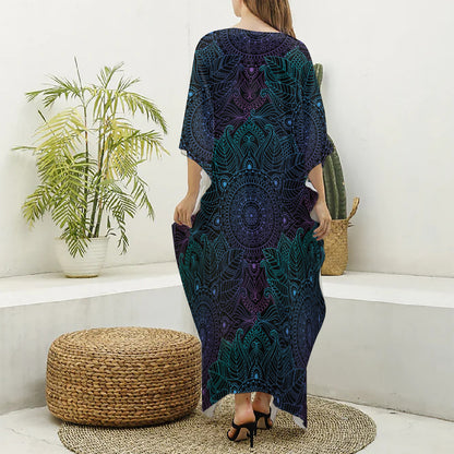 Purple And Teal Mandala Print Silk V-Neck Kaftan Dress