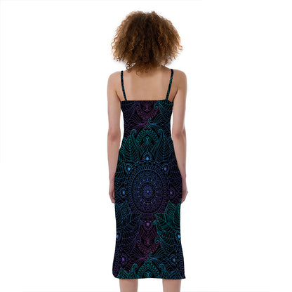 Purple And Teal Mandala Print Slim Fit Midi Cami Dress