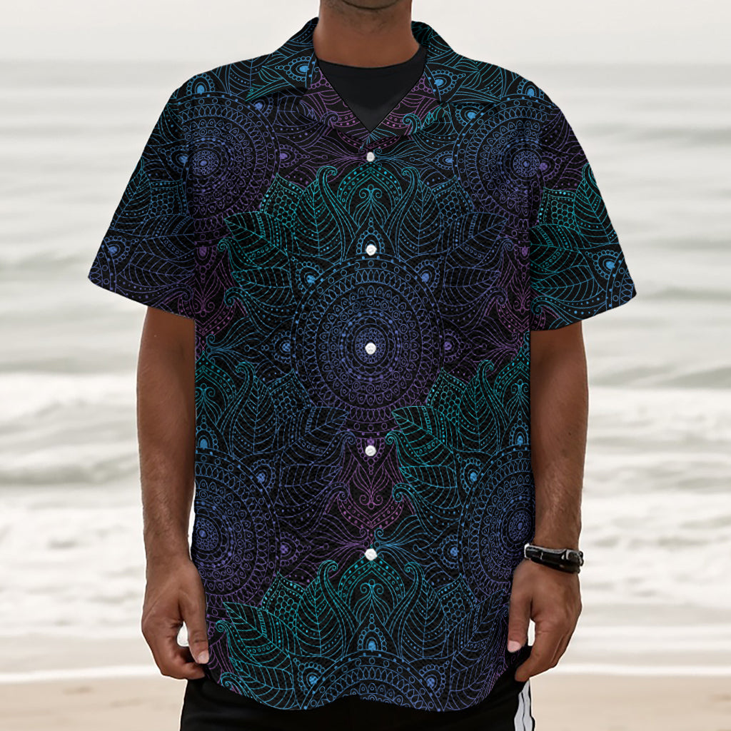 Purple And Teal Mandala Print Textured Short Sleeve Shirt