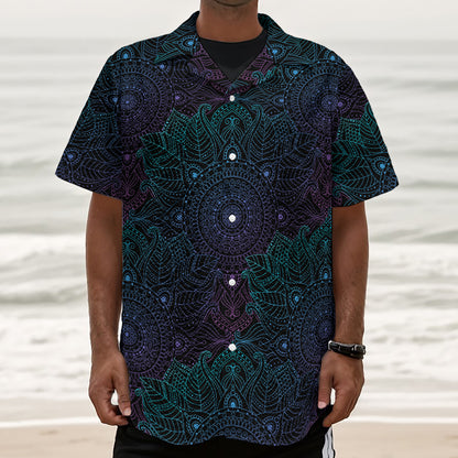 Purple And Teal Mandala Print Textured Short Sleeve Shirt