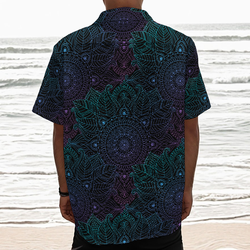 Purple And Teal Mandala Print Textured Short Sleeve Shirt