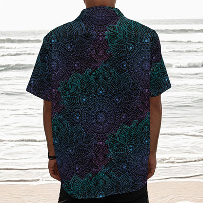 Purple And Teal Mandala Print Textured Short Sleeve Shirt