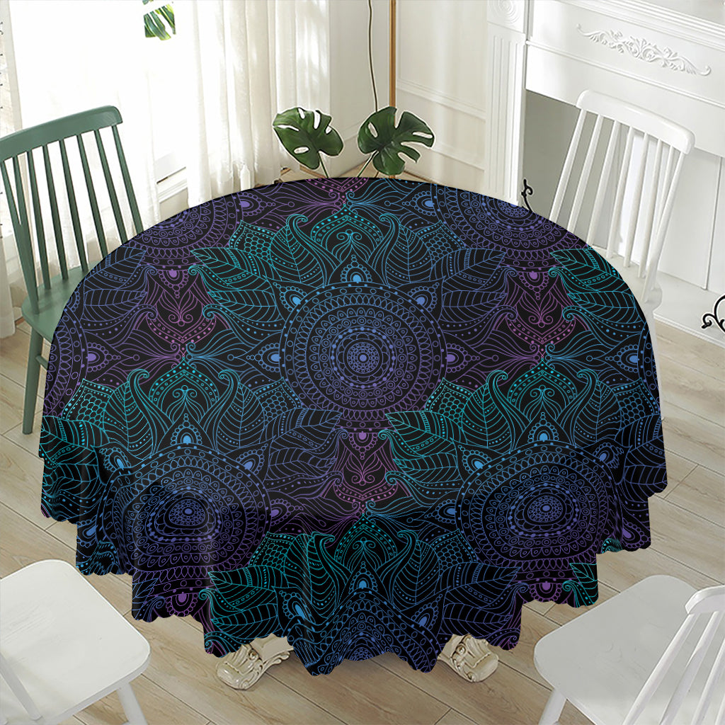 Purple And Teal Mandala Print Waterproof Round Tablecloth