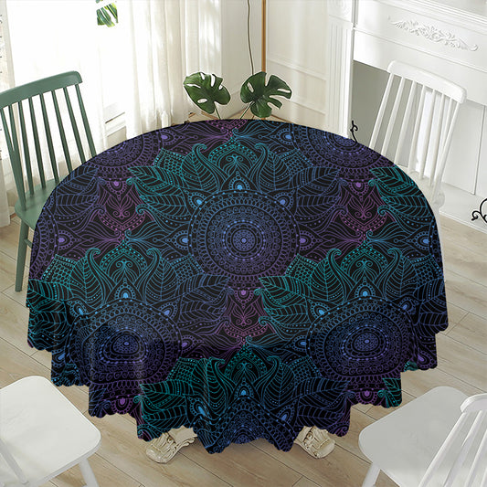 Purple And Teal Mandala Print Waterproof Round Tablecloth