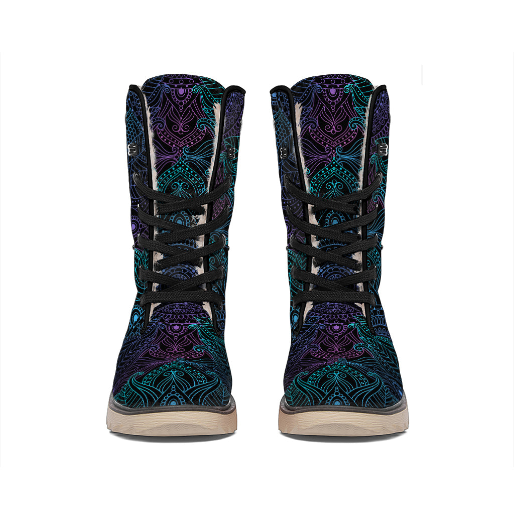 Purple And Teal Mandala Print Winter Boots