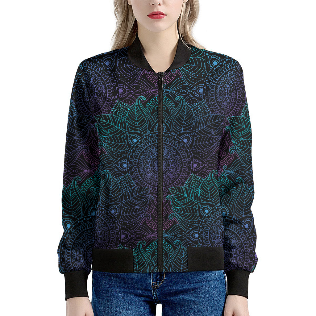 Purple And Teal Mandala Print Women's Bomber Jacket