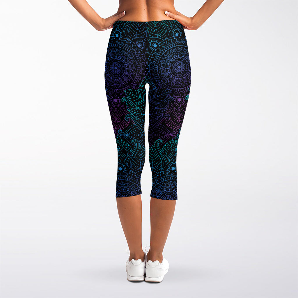 Purple And Teal Mandala Print Women's Capri Leggings