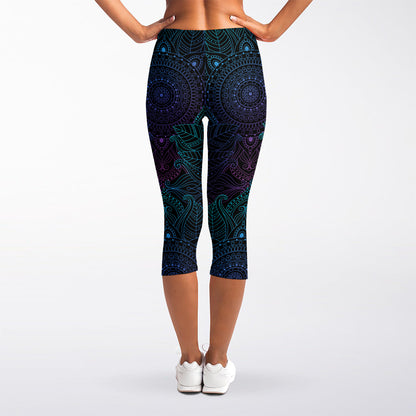 Purple And Teal Mandala Print Women's Capri Leggings