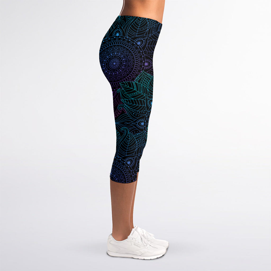 Purple And Teal Mandala Print Women's Capri Leggings
