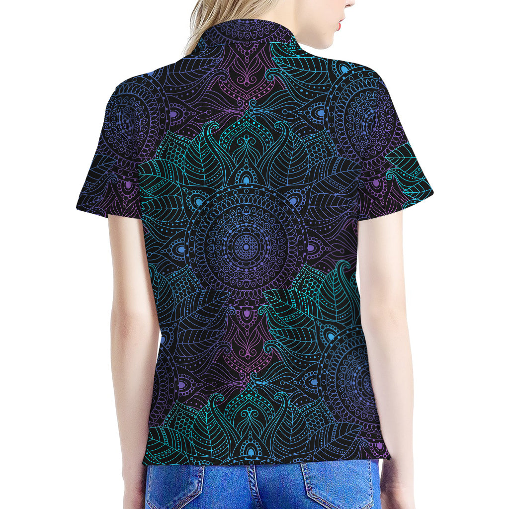 Purple And Teal Mandala Print Women's Polo Shirt
