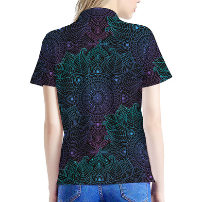 Purple And Teal Mandala Print Women's Polo Shirt