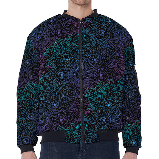Purple And Teal Mandala Print Zip Sleeve Bomber Jacket