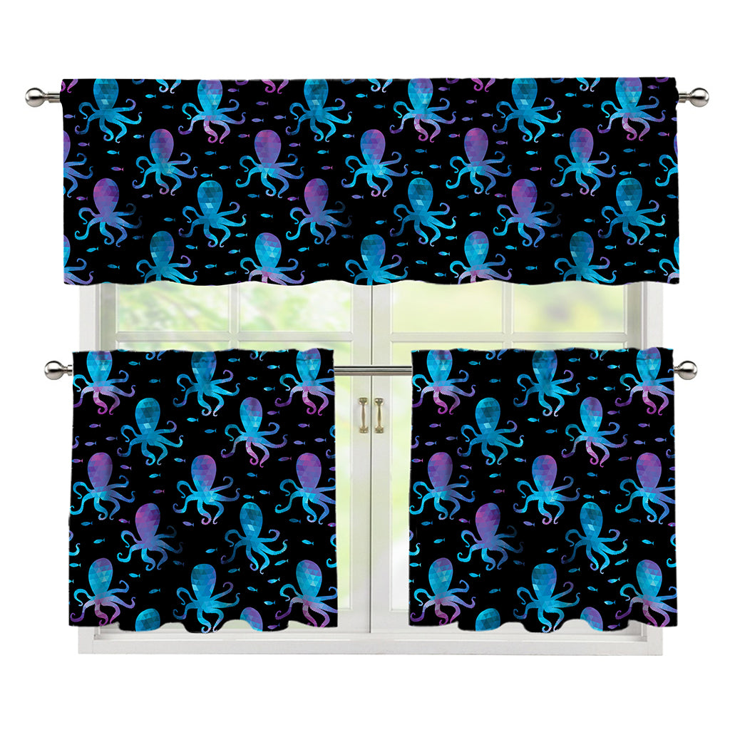 Purple And Teal Octopus Pattern Print 3 Piece Kitchen Curtains