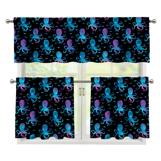 Purple And Teal Octopus Pattern Print 3 Piece Kitchen Curtains