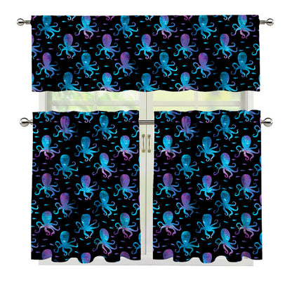 Purple And Teal Octopus Pattern Print 3 Piece Kitchen Curtains