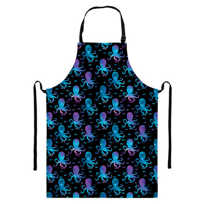 Purple And Teal Octopus Pattern Print Bib Apron With Pocket