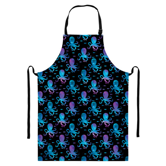 Purple And Teal Octopus Pattern Print Bib Apron With Pocket