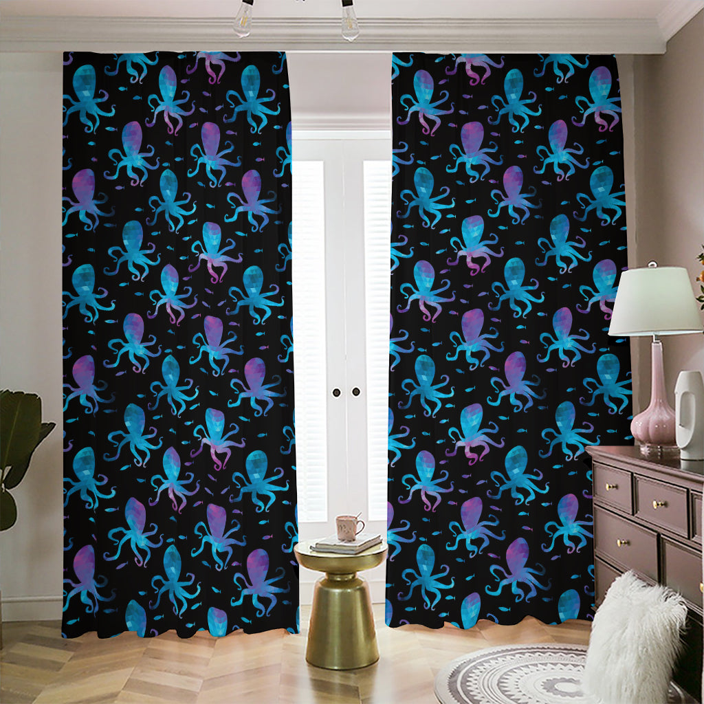 Purple And Teal Octopus Pattern Print Blackout Pencil Pleat Curtains