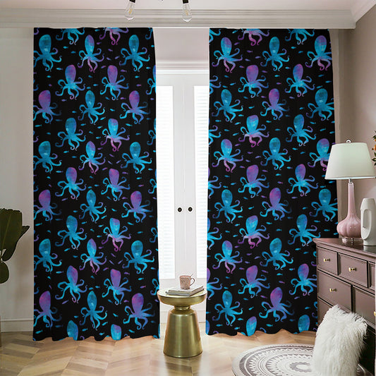 Purple And Teal Octopus Pattern Print Blackout Pencil Pleat Curtains