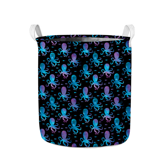Purple And Teal Octopus Pattern Print Collapsible Laundry Basket