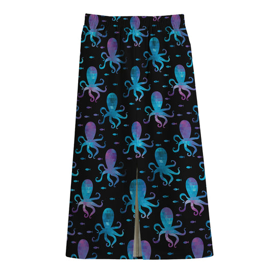 Purple And Teal Octopus Pattern Print Cotton Front Slit Maxi Skirt