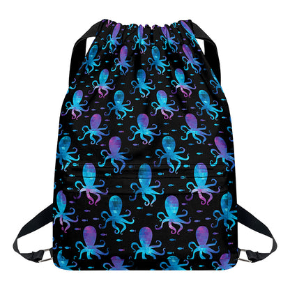 Purple And Teal Octopus Pattern Print Drawstring Backpack