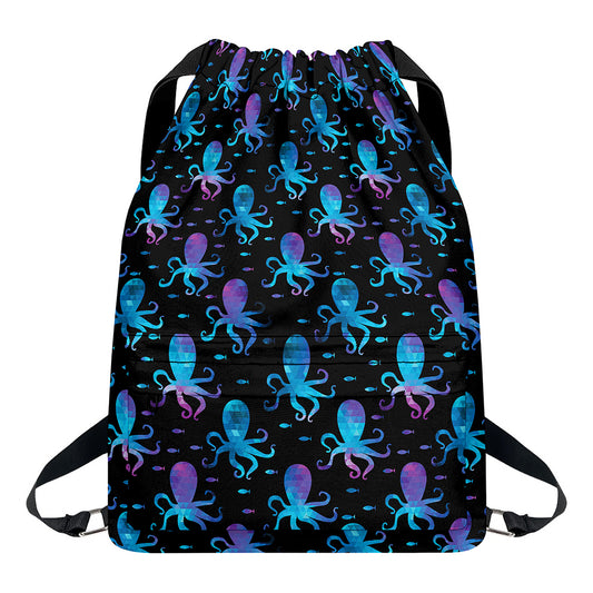 Purple And Teal Octopus Pattern Print Drawstring Backpack