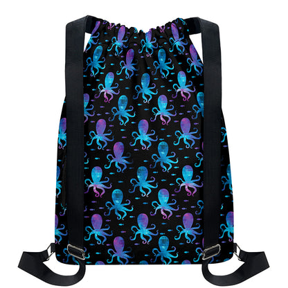 Purple And Teal Octopus Pattern Print Drawstring Backpack