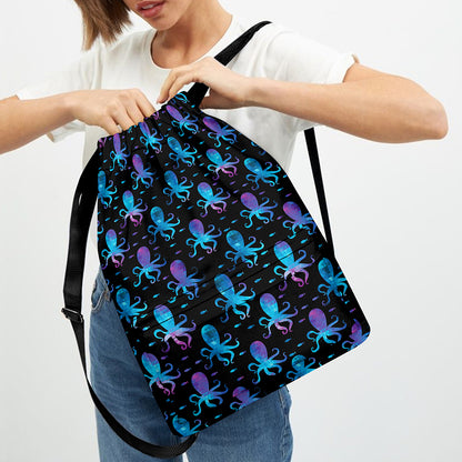 Purple And Teal Octopus Pattern Print Drawstring Backpack