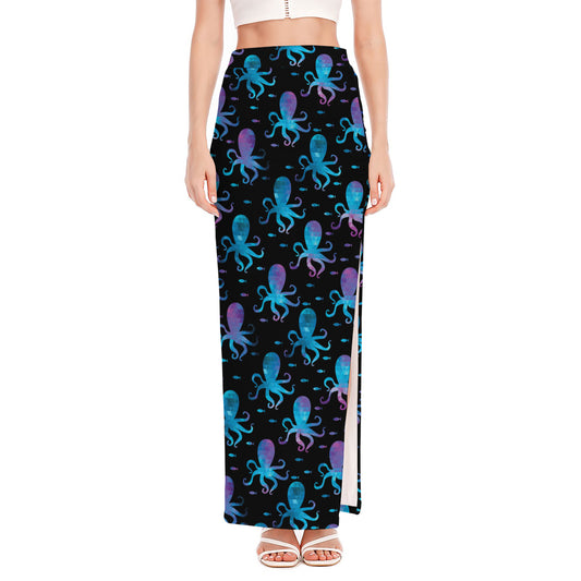 Purple And Teal Octopus Pattern Print High Slit Maxi Skirt