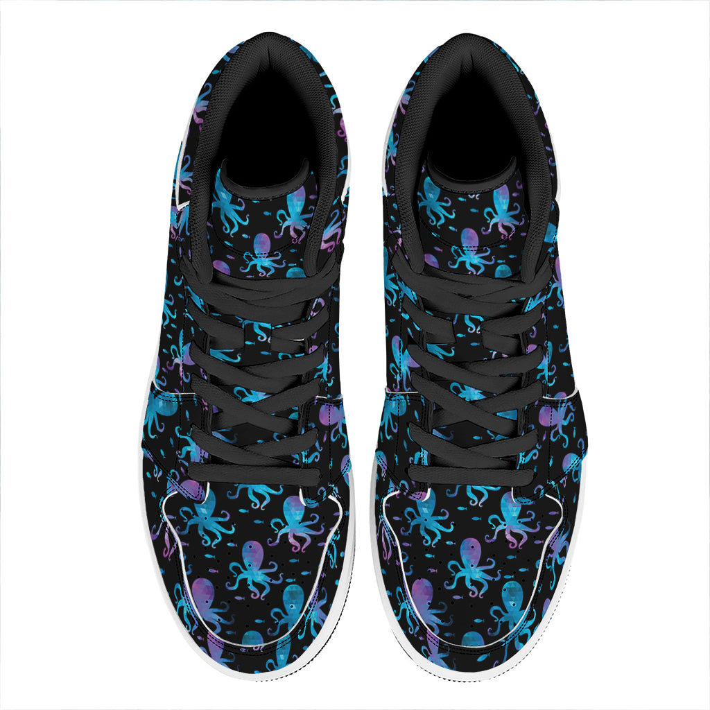 Purple And Teal Octopus Pattern Print High Top Leather Sneakers