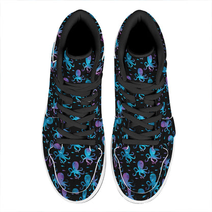 Purple And Teal Octopus Pattern Print High Top Leather Sneakers