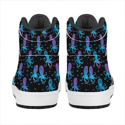 Purple And Teal Octopus Pattern Print High Top Leather Sneakers