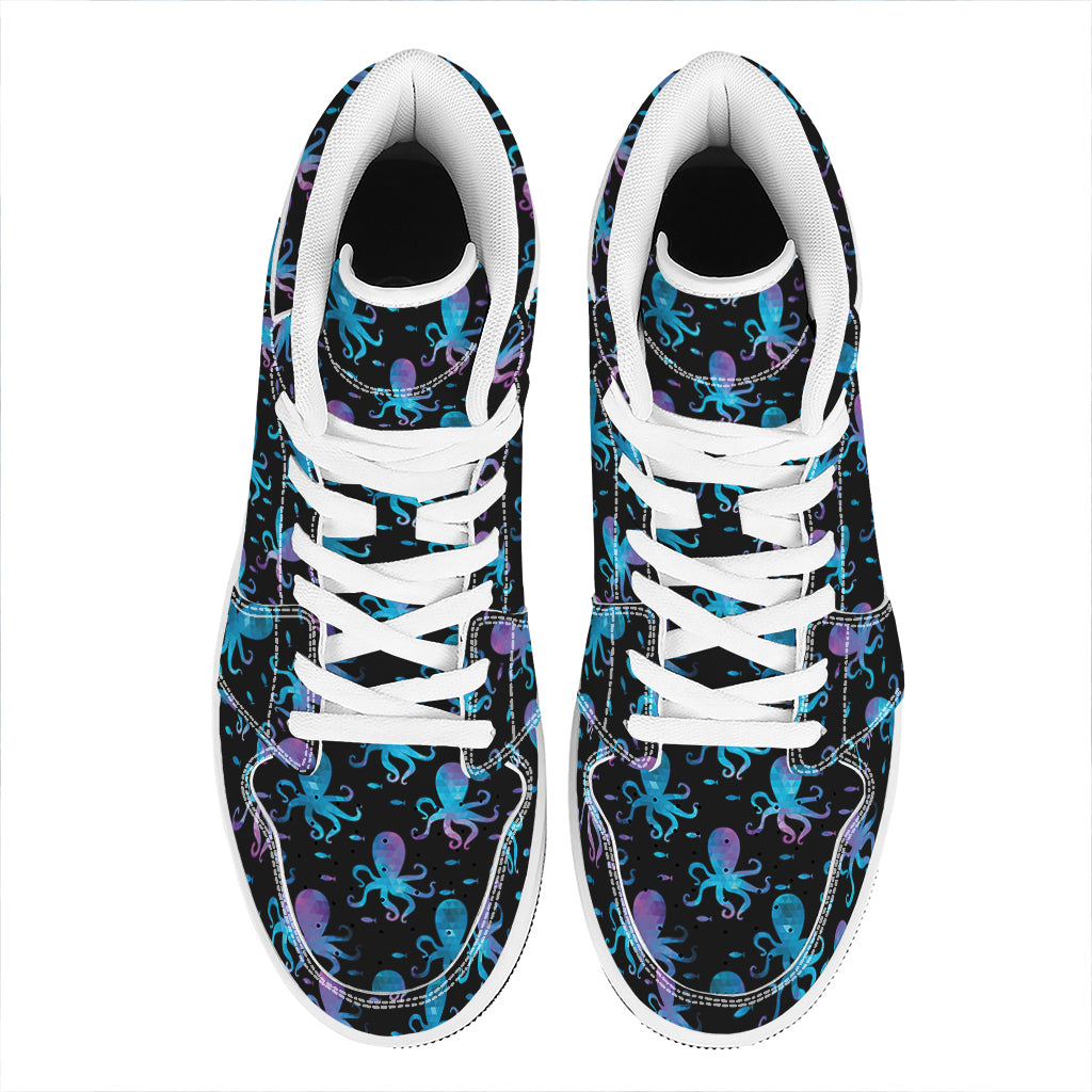 Purple And Teal Octopus Pattern Print High Top Leather Sneakers
