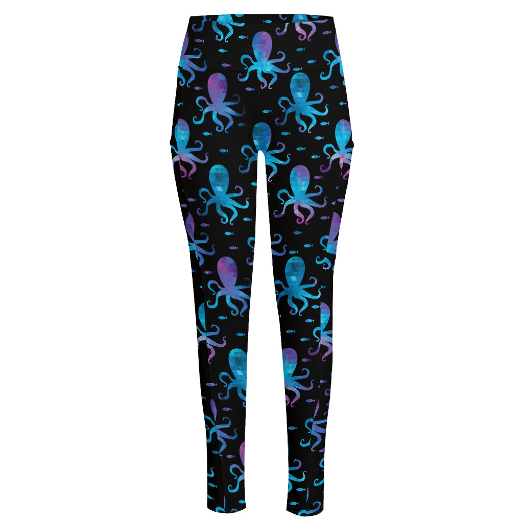 Purple And Teal Octopus Pattern Print High-Waisted Pocket Leggings