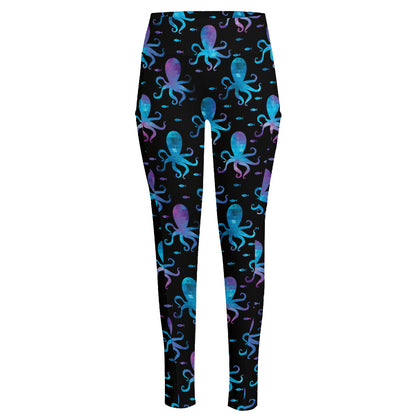Purple And Teal Octopus Pattern Print High-Waisted Pocket Leggings